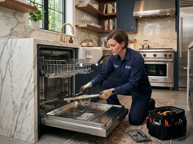 Appliance Repair Hero technician servicing a built-in dishwasher in a Bozrah, CT kitchen
