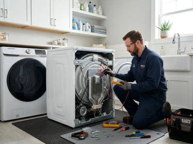 Appliance Repair Hero technician checking a dryer heating element with the rear panel off in Bozrah, CT