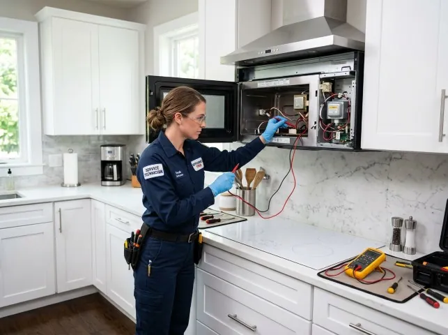 Appliance Repair Hero technician testing an over-the-range microwave in a Bozrah, CT kitchen
