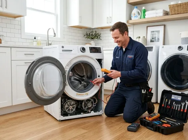 Appliance Repair Hero technician testing a front-load washer with a multimeter on a Bozrah, CT service call